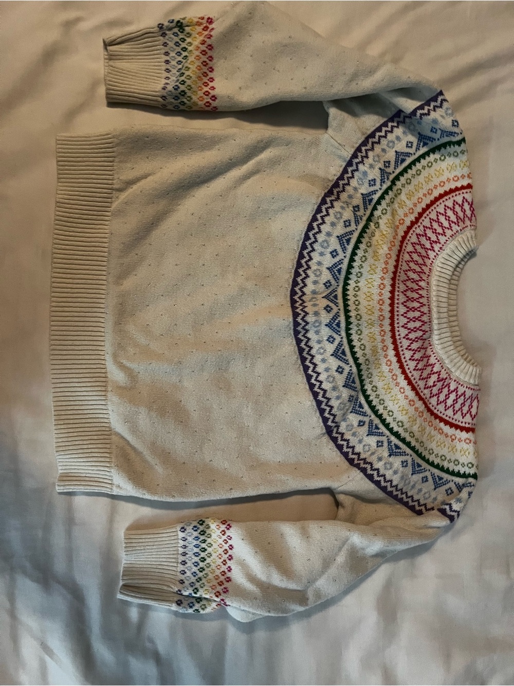 Andy & Evan Cream Fair Isle Crewneck Sweater with Rainbow Pattern